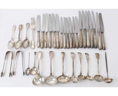 Large selection of Georgian and later silver flatware, including condiment spoons, ladles, sifter spoons, sugar tongs, caddy 