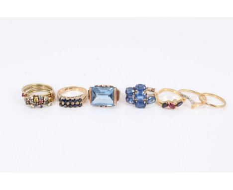 Group of seven gold and gem-set dress rings to include a 1940s/1950s Odeonesque blue stone ring, 22ct gold wedding ring, 18ct