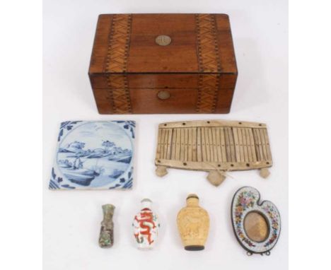 Assorted works of art including Victorian inlaid jewellery box, Roman glass flask, micro mosaic photo frame, two snuff bottle