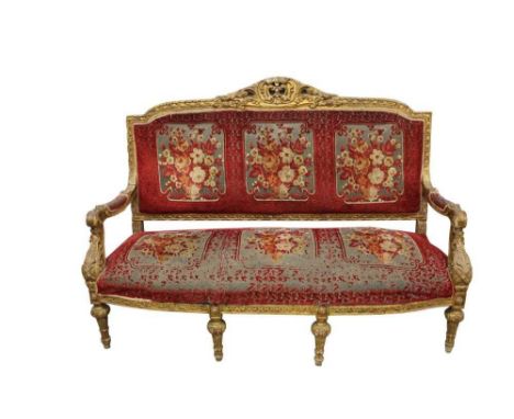 18th century style carved giltwood settee, tapestry upholstered pad back and seat in ornate gilt showwood frame with pierced 