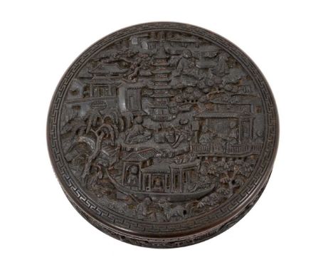 Fine quality mid-19th century Cantonese relief carved tortoiseshell table snuff box, of circular compressed form, finely carv