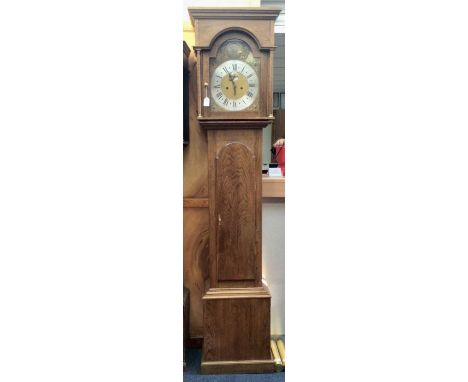 Good quality Georgian style blonde oak longcase clock, the arched brass dial signed Mk Newman, Walton 1999, with pendulum and