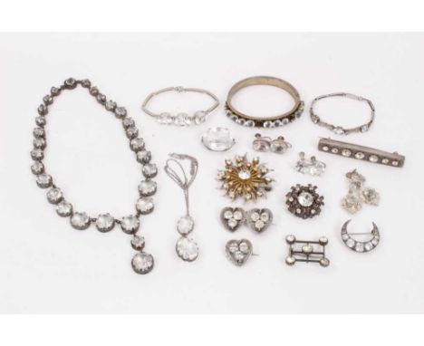 Group of antique and later paste set silver and white metal jewellery to include a Victorian bar brooch, other brooches, thre
