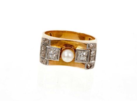 Art Deco Odeonesque diamond and cultured pearl ring with a central cultured pearl flanked by two old cut diamonds with angula