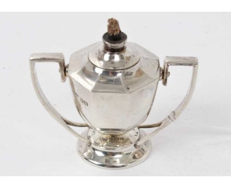 Edwardian novelty silver table lighter of octagonal form, in a gimbal frame, on a circular base (Sheffield 1909) Hawksworth, 