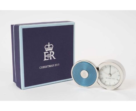 H.M.Queen Elizabeth II 2015 Royal Household Christmas present, silver plated and enamelled travelling alarm clock with crowne