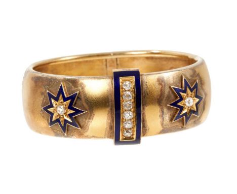 Victorian gold diamond and enamel hinged bangle, applied with a central band of old cut diamonds with blue enamel border flan