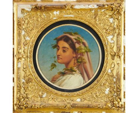 Joshua Hargrave Sams Mann (1826 - 1886) oil on artist board - circular portrait of an Italian peasant girl wearing a head sca