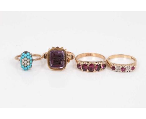 Four gold and gem-set rings to include a Georgian amethyst foiled back seal on later gold shank, Victorian garnet five stone 