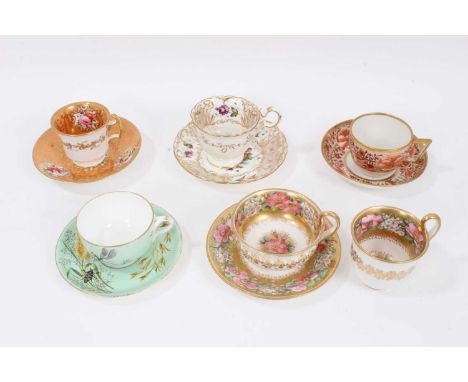 Four 19th century Coalport cups and saucers, one painted with insects, together with one trioSome gilt and enamel wear. The p