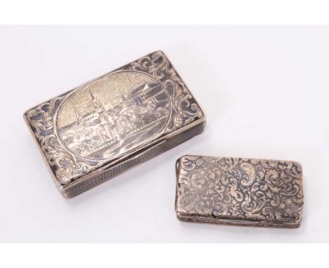 Imperial Russian silver niellowork snuff box decorated with castle scenes and floral scrollwork, 84 standard mark, dated 1844