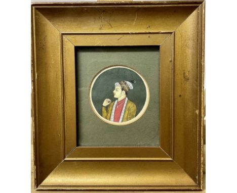 Small 19th century circular gouache Persian portrait, 5cm diameter, in glazed gilt frame, 16cm. 14.5cm overall 