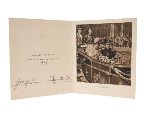 T.M.King George VI and Queen Elizabeth, signed 1949 Christmas card with gilt crown to cover, photograph of the Royal couple i