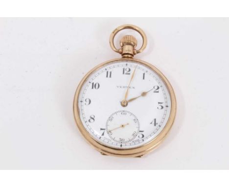 Gentleman's 9ct gold Vertex pocket watch with Vertex 15 jewel button-wind movement, white enamel dial with subsidiary seconds