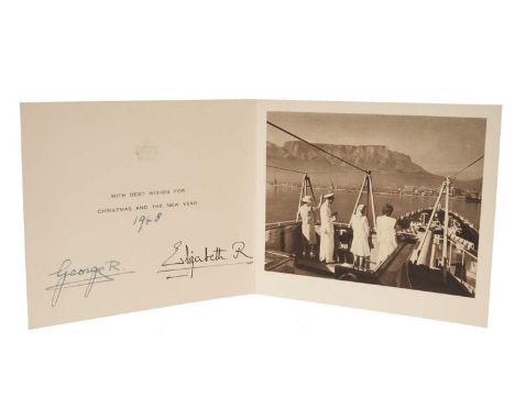 T.M.King George VI and Queen Elizabeth, signed 1948 Christmas card with gilt crown to cover, photograph of the Royal Family o