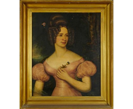 Regency English School oil on canvas - portrait of a young Lady in pink dress, 76cm x 64cm, in gilt frame 