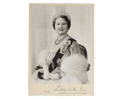 H.M.Queen Elizabeth The Queen Mother, signed 1986 presentation portrait photograph of Her Majesty wearing a ball gown, diamon