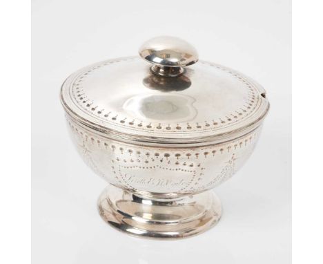 Victorian silver sucrier and cover, of circular form with domed slip in cover, raised on pedestal foot, (London 1869), maker 