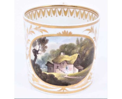 A Derby coffee can, circa 1815-20, painted with a scene titled 'Near Newcastle', ex-Seage collection, 6.5cm highSome very lig