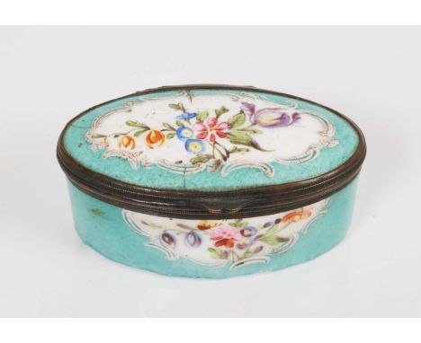 South Staffordshire navette form turquoise ground snuff box, circa 1780, with floral reserves, 6cm wide