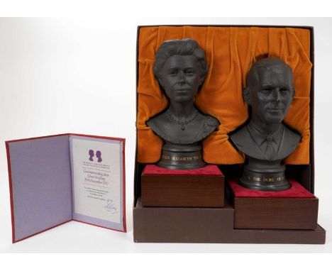 H.M.Queen Elizabeth II and H.R.H. The Duke of Edinburgh, pair Royal Doulton black basalt portrait busts of the Royal couple m