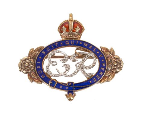 H.M.Queen Elizabeth The Queen Mother, fine diamond, enamel, and two colour gold presentation brooch with crowned Garter with 
