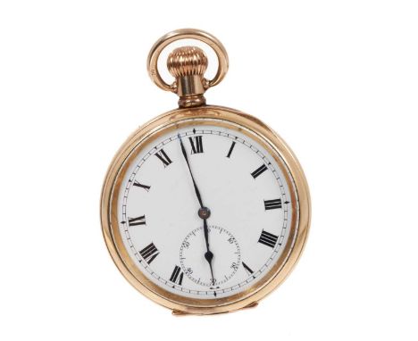 Early 20th century gentleman's gold plated open faced pocket watch with white enamel dial and Swiss button-wind movement in g