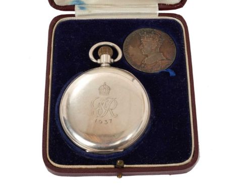 H.M.King George VI, unusual presentation 1937 Coronation commemorative J.W. Benson Ltd silver half hunter pocket watch and si