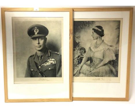 Pair Wartime King George George VI and Queen Elizabeth 1945 presentation portrait photographs, The Queen's signed by hand, Th