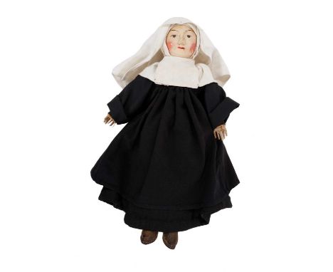 Very rare Lay Sister or Novice nun doll, probably 18th century, the doll with painted wooden face with painted eyes and brows