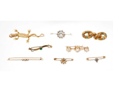Eight Victorian and Edwardian gold brooches to include three 15ct gold gem set bar brooches, diamond three stone gold and pla