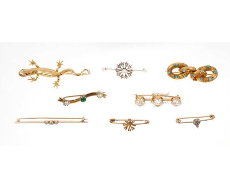 Eight Victorian and Edwardian gold brooches to include three 15ct gold gem set bar brooches, diamond three stone gold and pla