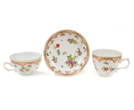 A Bristol tea cup, chocolate cup and saucer, circa 1772, polychrome decorated with floral sprays and patterned borders, the s