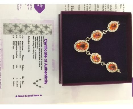 Padparadscha colour quartz and white topaz sterling silver necklace with COA