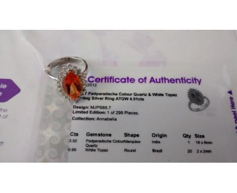 Size N to O padparadscha colour quartz and white topaz sterling silver ring with COA