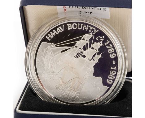 QUEEN ELIZABETH II, PITCAIRN ISLANDS $50 SILVER PROOF COIN, CIRCA 1989 to commemorate the bicentenary of the mutiny on the Bo