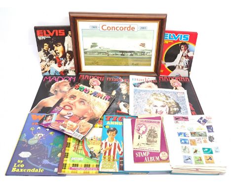 Magazines &amp; Hardback Annuals featuring Elvis, Madonna &amp; similar, Signed Framed Picture of Concord &amp; a Collection 
