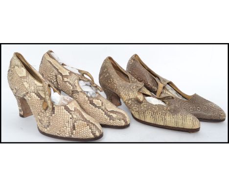 2 vintage pairs of ladies stage shoes - dress shoes being upholstered in snakeskin. Both marked to the sole layde - Made in E