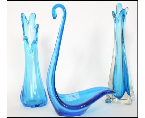 A set of three  of vintage / retro 20th century art glass vases and bowl, the bowl in the form of a swan  Tallest measures 31