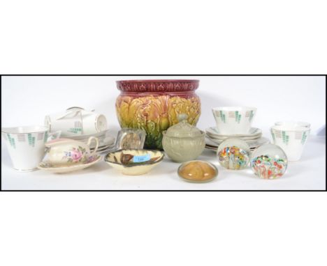 A good collection of ceramics and glassware to include paperweights, a part Deco tea service, Staffordshire planter etc pleas