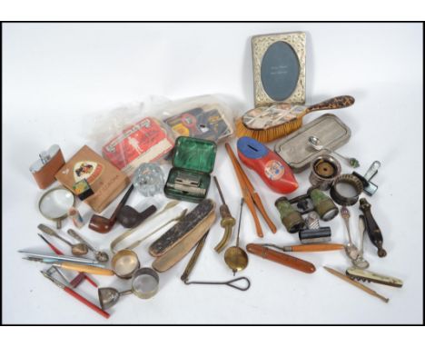 A mixed lot to include hip flask, binoculars, mother of pearl brush, glove stretchers, pipe, cigar box etc. Please see images