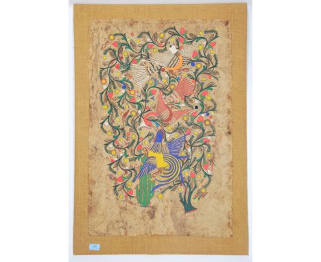 An unusual mid century asiatic print of birds of paradise on cork- wooden panel being mounted.  83cms x 50cms