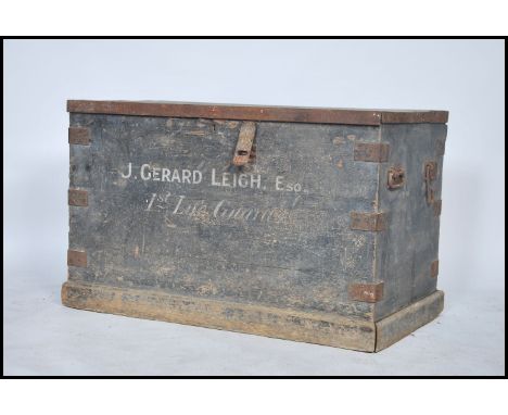 A stunning 19th century military campaign trunk chest for J Gerard Leigh of the 1st Life Guards. Heavy ebonised timber constr