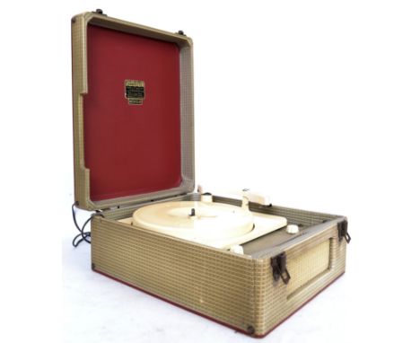 A vintage two cased portable Dansette Minor for speed record player. Red body with lift up lid opening to reveal a four speed