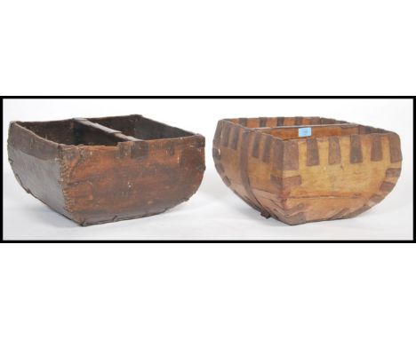 Two vintage 20th century fruit pickers garden trugs of wooden and metal construction with hidden handle to centre. 24cms x35c