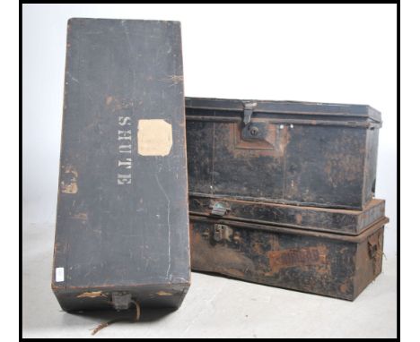 A vintage early 20th century ebonised steamer trunk - blanket box with notation atop for Shute, possibly military. Together w