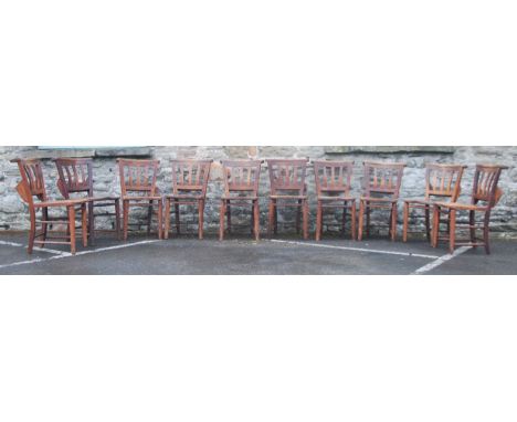 A good set of VIctorian beech and elm wood chapel / dining chairs. Raised on turned legs united by stretchers having saddle s