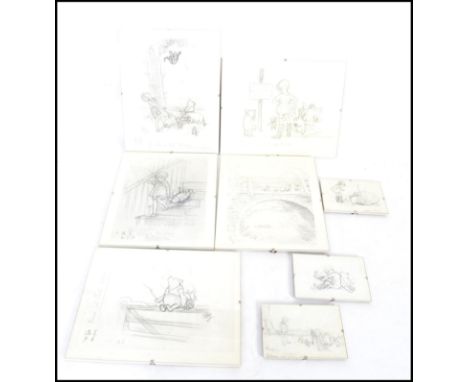 A collection of Winnie The Pooh framed and glazed picture sketch prints being signed to corners