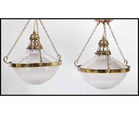 A pair of stunning vintage 20th century glass and brass Empire style ceiling lights, fitted with frosted fitted glass shades 