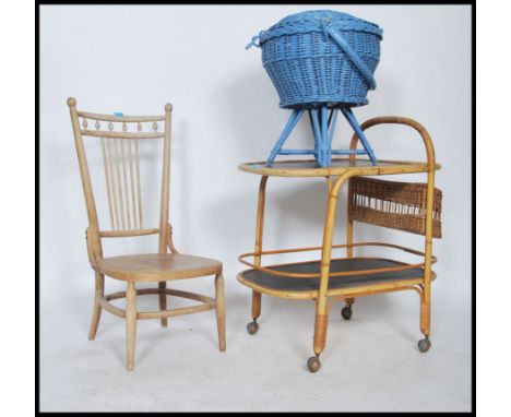 A collection of furniture to include blue bamboo cauldron linen basket in the manner of Lloyd Loom together with  a vintage t